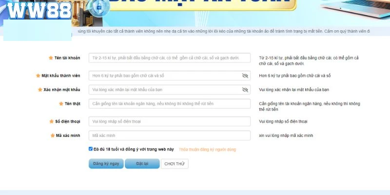 Đăng ký WW88 - Hướng dẫn chi tiết cho tân thủ thực hiện Trực tiếp đăng ký tài khoản trên website chính thức